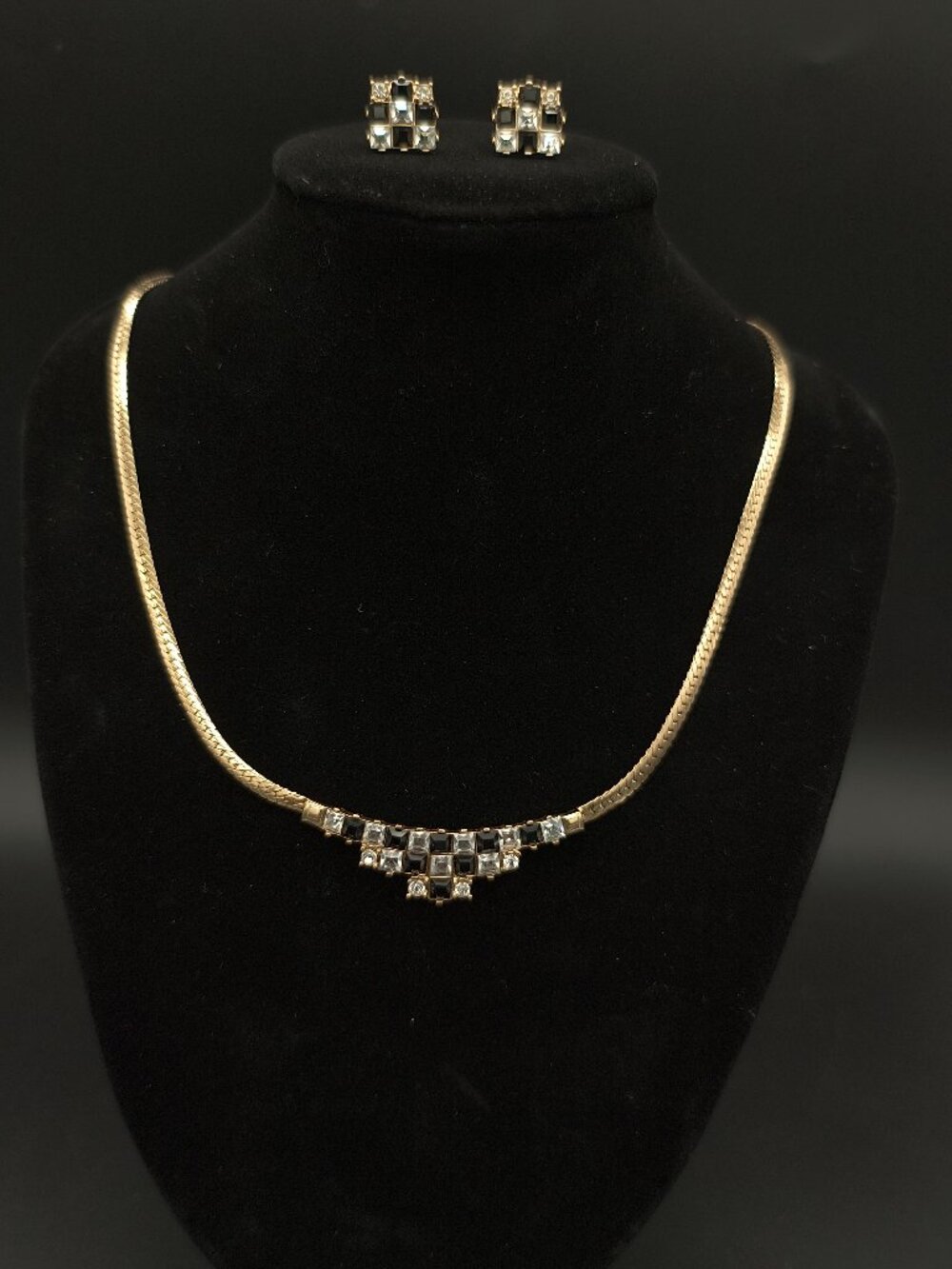 Vintage Nina Ricci Checkerboard Herringbone Gold Tone Necklace Earring Set